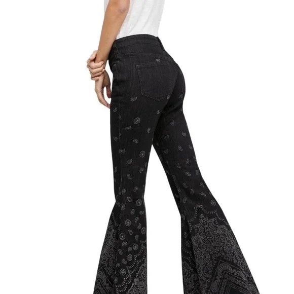 FREE PEOPLE Denim Super Flare Bandana Jeans, Black, Distressed Hem, Size 27 - Picture 2 of 10